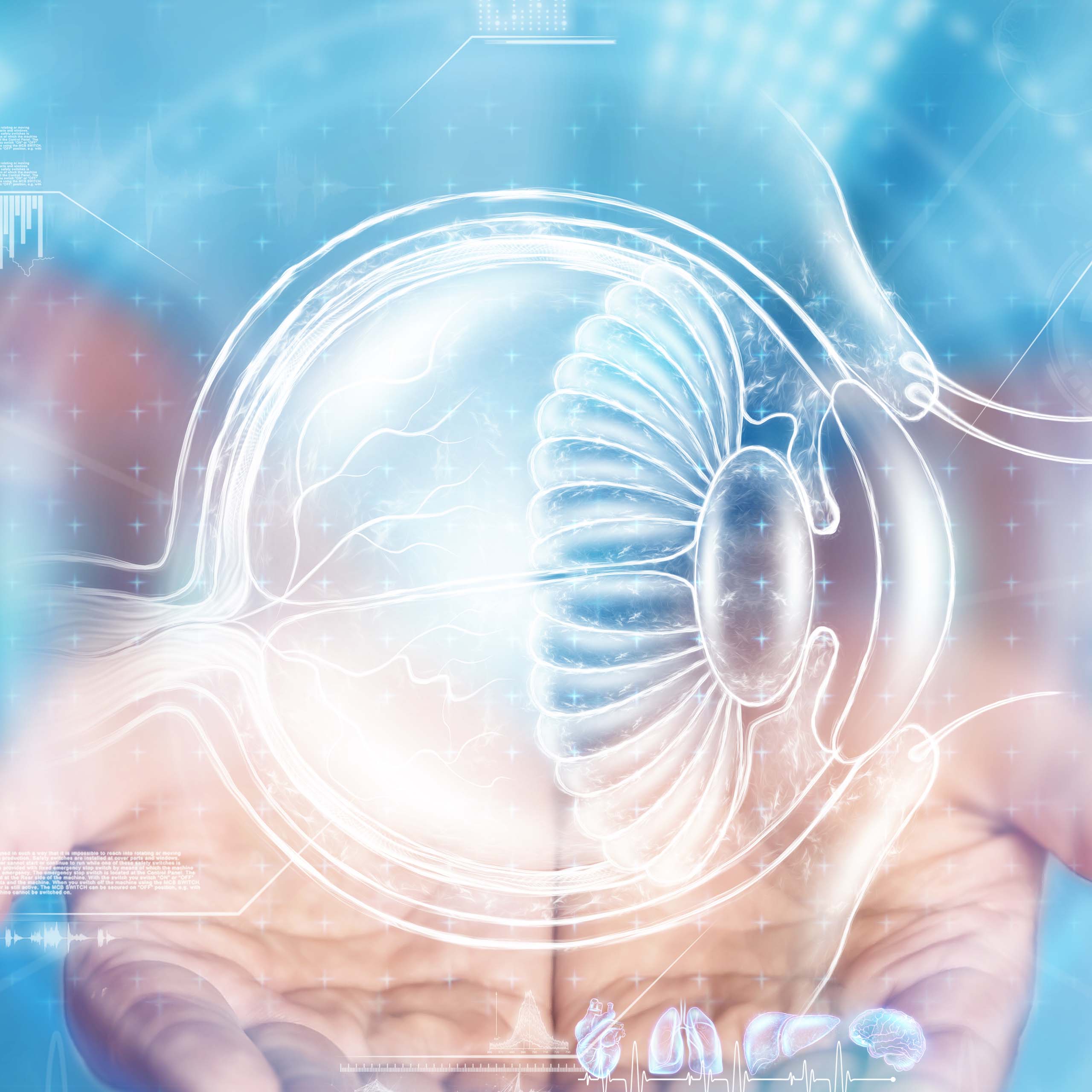 医学概念医生手穿蓝色外套特写视力测试眼球 X 射线全息图医疗护理解剖医生预约移植学混合媒体